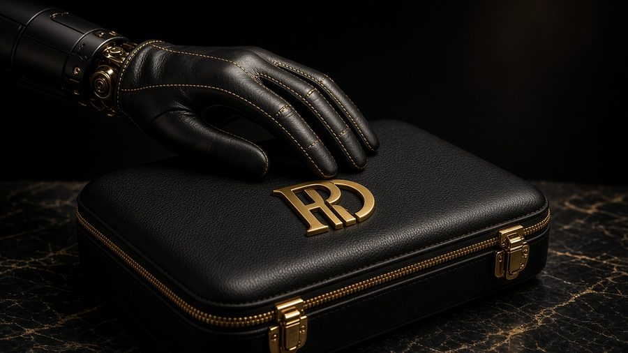 A robot hand in a black leather glove with gold piping resting on a black hard-shell travel case with gold corners